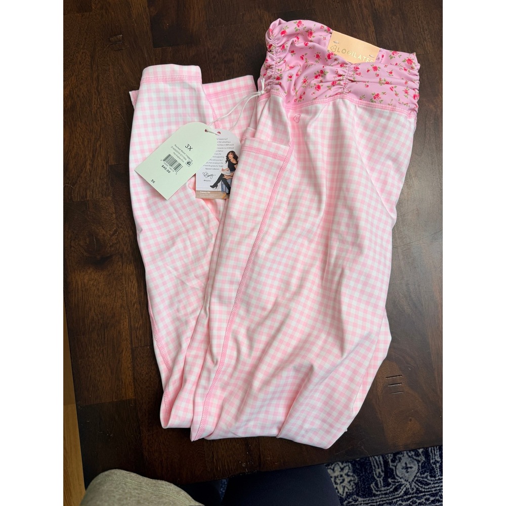 Blogilates Ruched Waist Legging Womens 3X Pink Gingham Floral High Rise NWT - Picture 2 of 8